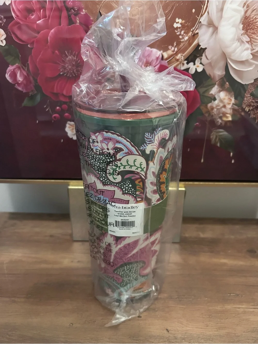 Vera Bradley Double Wall Tumbler with Straw in Leaf Me Not Paisley